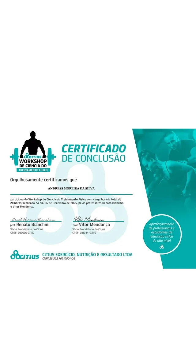 Certificado do Workshop de Ciência do Treinamento Físico pela CITIUS
